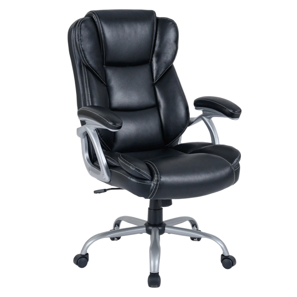 Black leather ergonomic office chair with padded seat and armrests on rolling caster base.