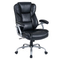 Black leather ergonomic office chair with padded seat and armrests on rolling caster base.