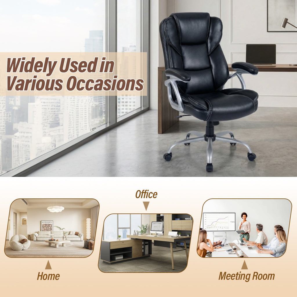 Black leather ergonomic chair with armrests, curved backrest, and rolling base