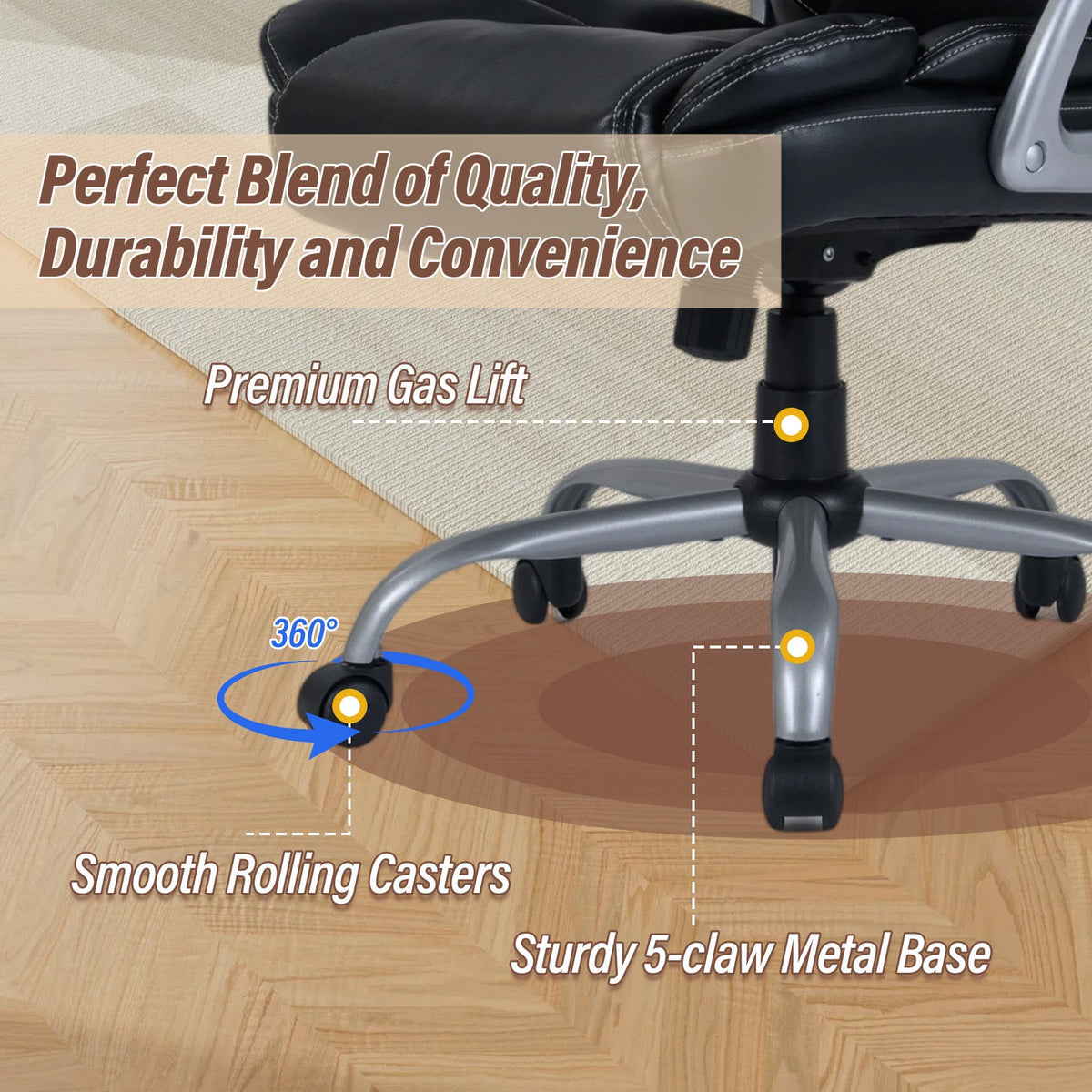 Black office chair with gas lift, rolling casters, 5-claw metal base, padded seat
