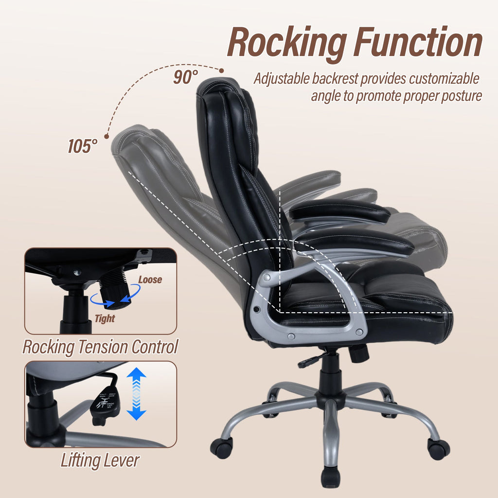 Black leather ergonomic chair with adjustable recline, padded seat, and armrests