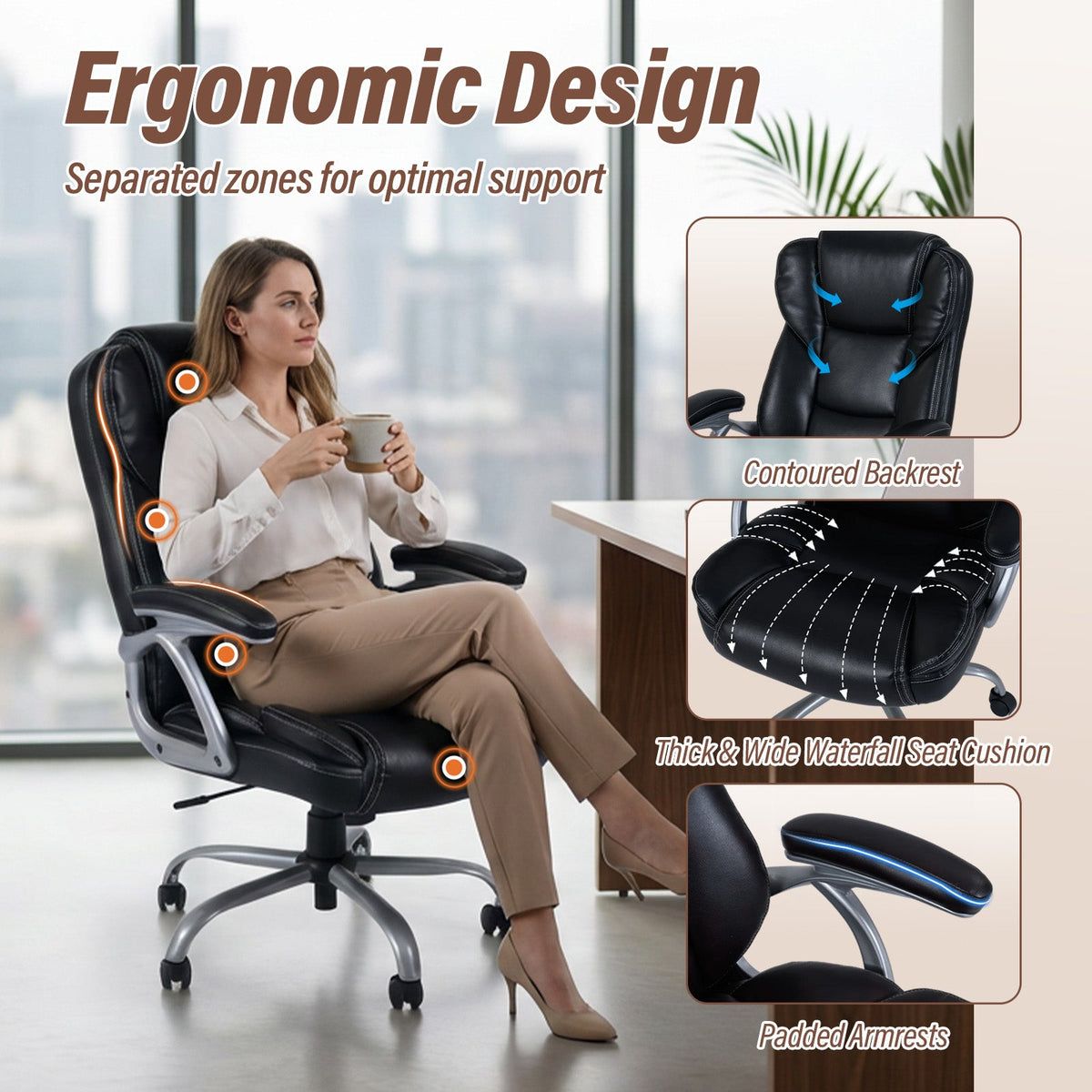 Black ergonomic office chair with contoured backrest, padded seat, and armrests