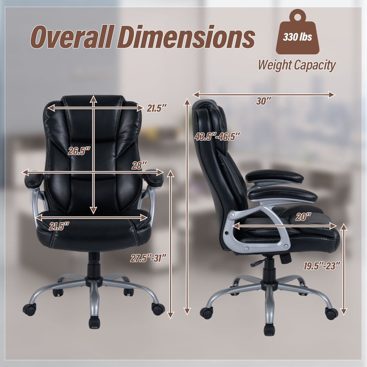 Black office chair shown side and front profile with padded backrest and armrests