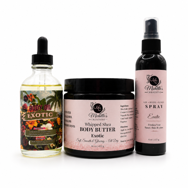 Body care gift set with body oil, whipped shea butter, and air spray—Exotic
