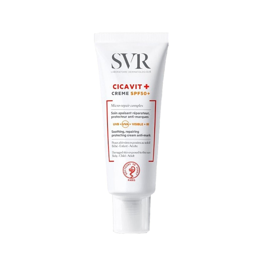 SVR Cicavit+ SPF50+ cream tube, back panel with highlighted text and red frame