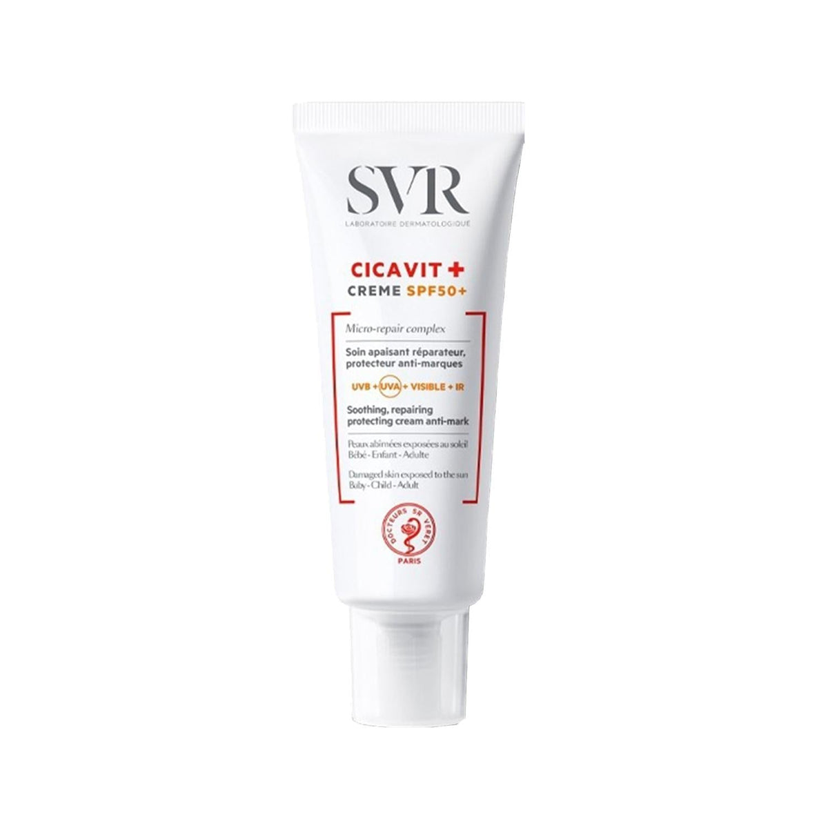 SVR Cicavit+ SPF50+ cream tube, back panel with highlighted text and red frame