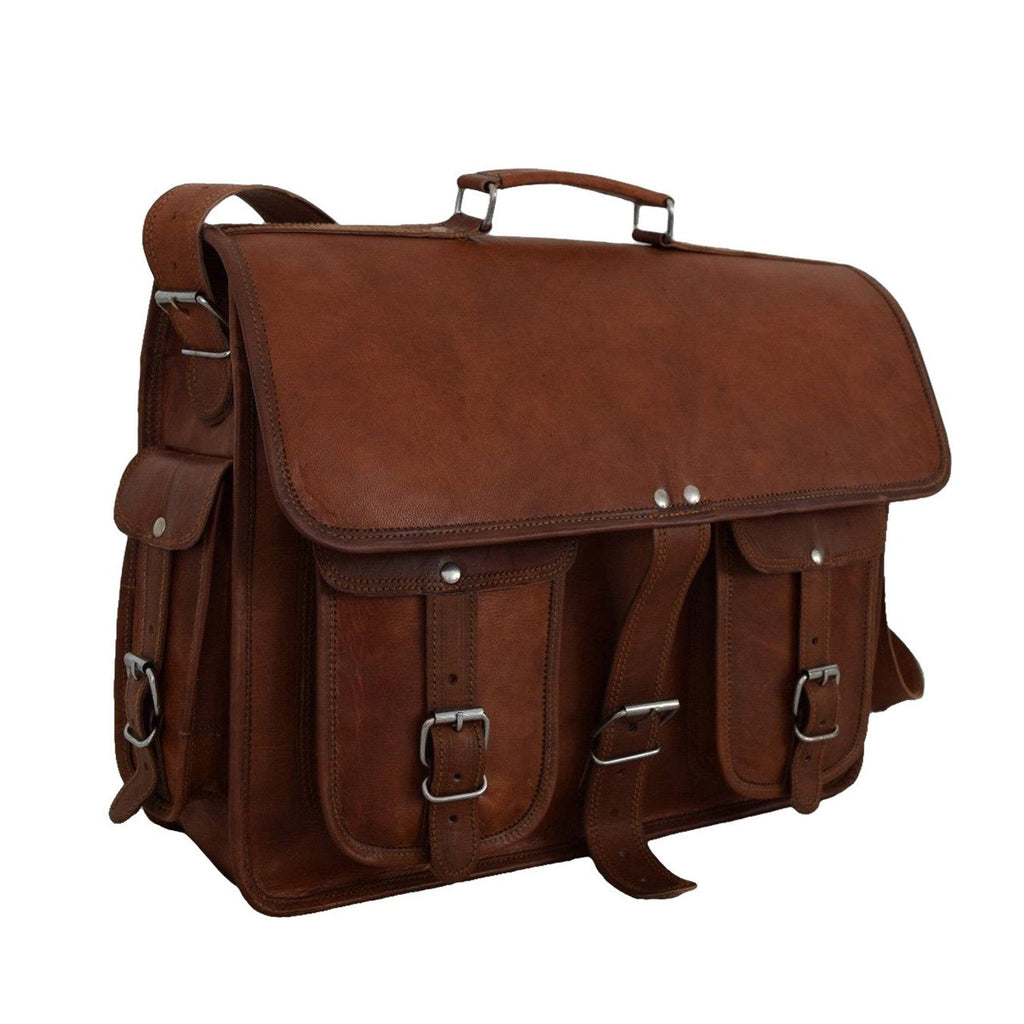 Brown leather messenger backpack with flap closure, side buckles, and front organizer pockets