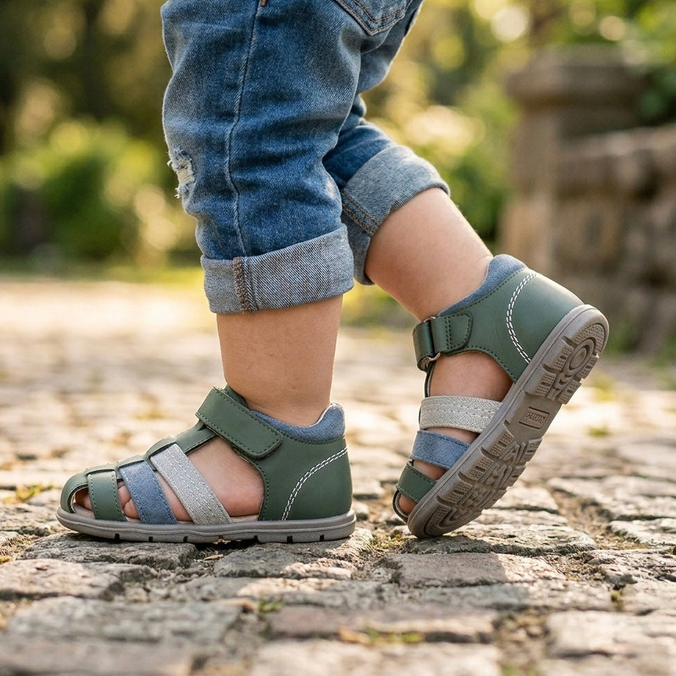Toddler barefoot sandals on pavement, dark green straps with blue inserts and tread sole