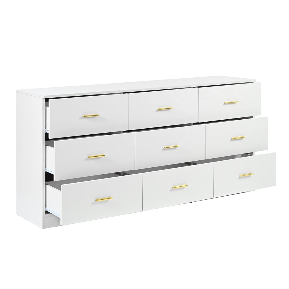 White 9-drawer dresser with drawers open at center and gold bar pulls