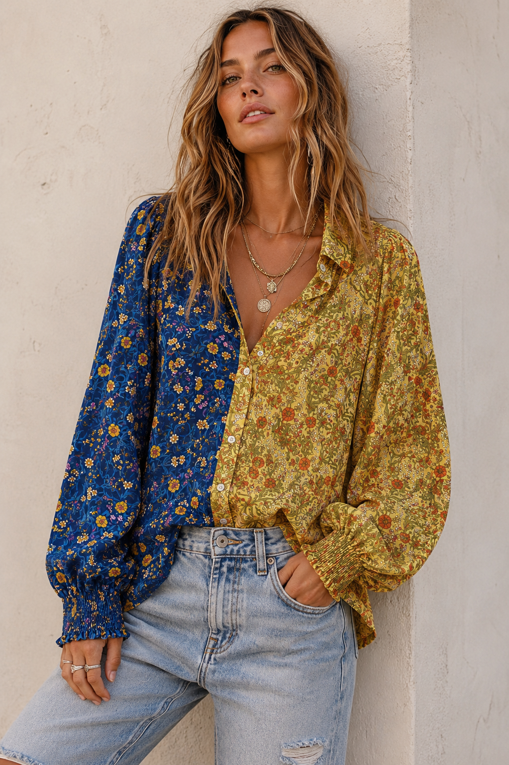 Contrasting floral button-up blouse with long sleeves, green and navy color-block