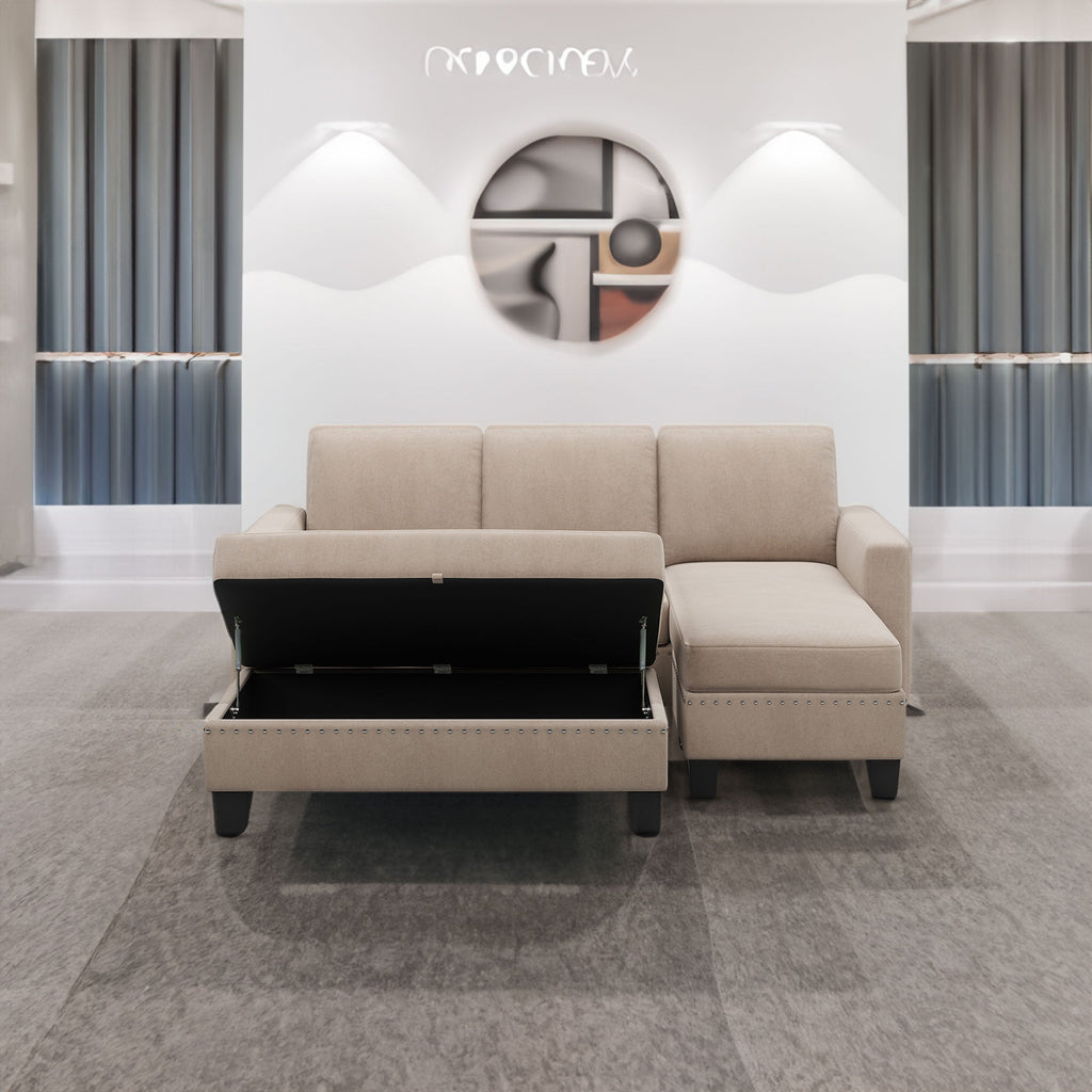 Warm grey reversible L-shaped sectional sofa with storage ottoman, open lid view