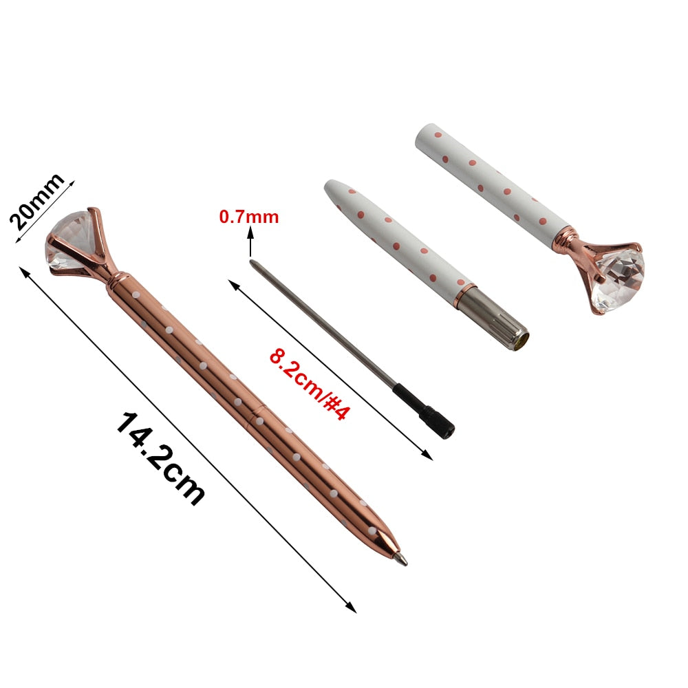 Brown and white gem-tip ballpoint pen with star-dotted barrel; includes size view