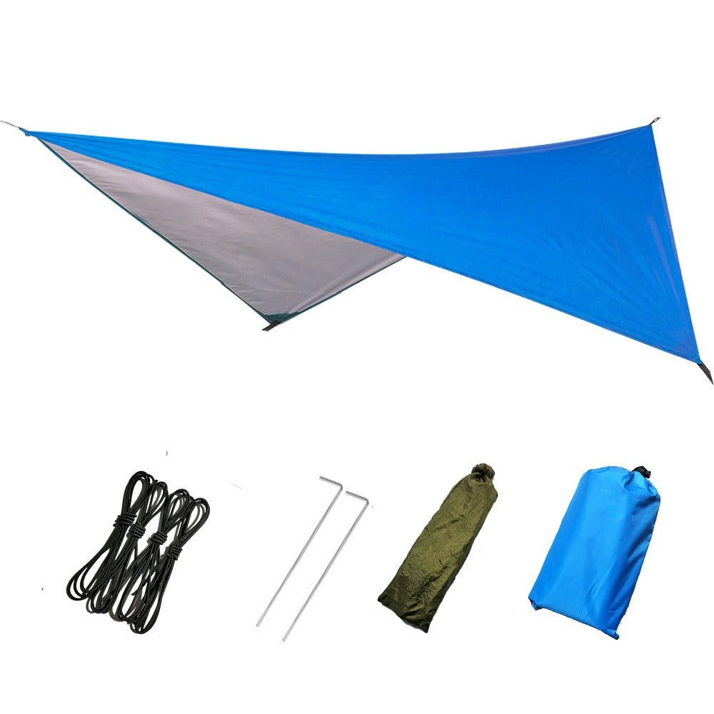 Triangular waterproof canopy shade in blue and gray with ropes and stakes, compact set