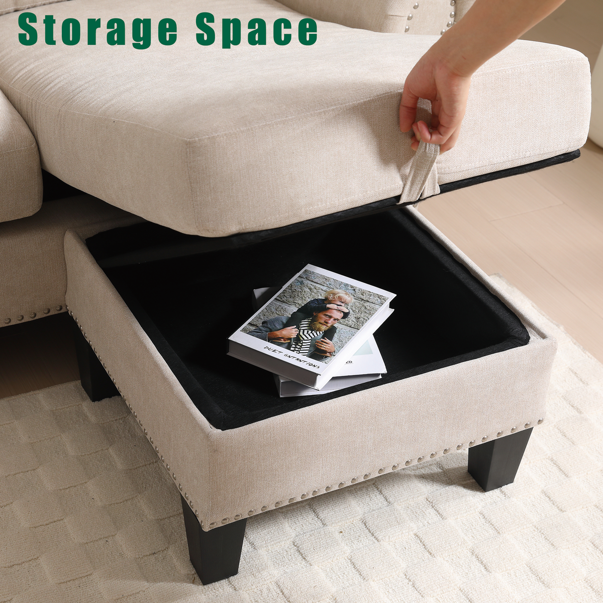 Beige linen sectional sofa with lift-up storage, showing a hidden compartment