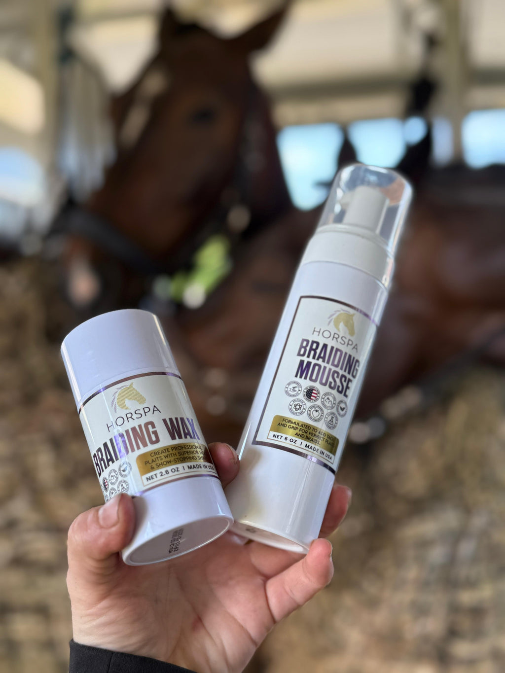 Hair styling mousse bottle duo in hand with clear pump top