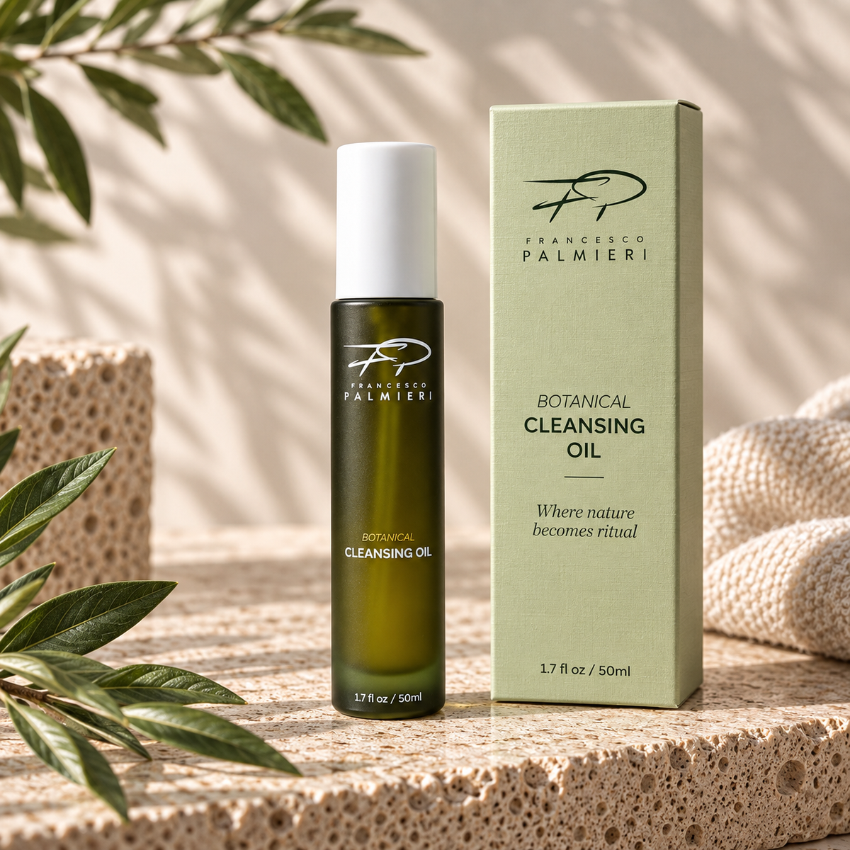Francesco Palmieri botanical cleansing oil bottle with olive-green oil and box