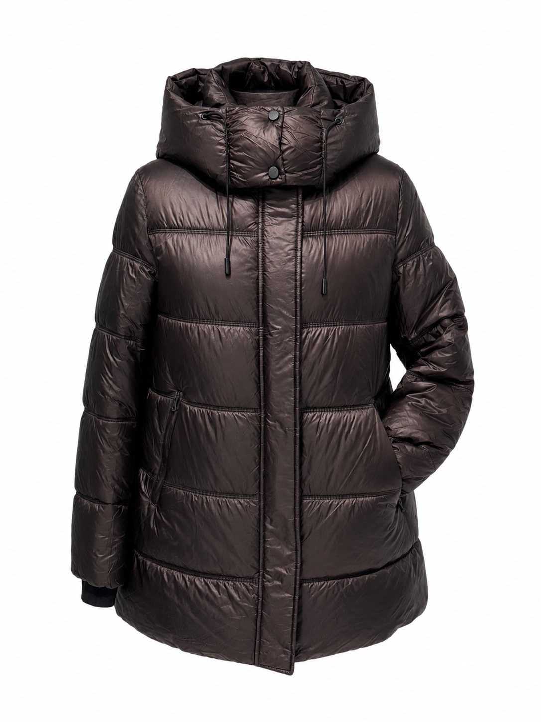 Chocolate hooded puffer jacket with stand collar, quilted insulation, and zipper