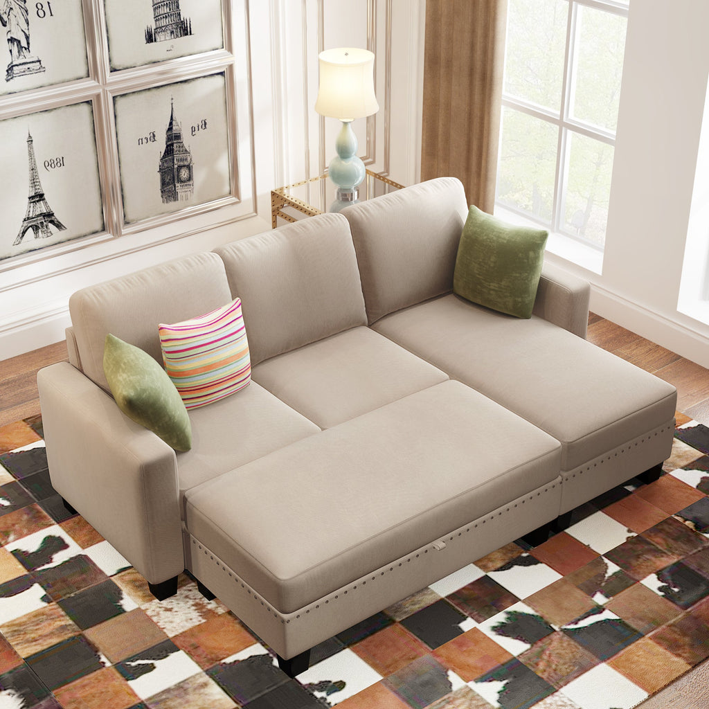 Warm grey sectional sofa with chaise, seat cushions, and accent throw pillows