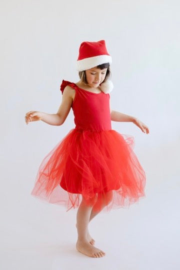 Red sleeveless tulle holiday dress with Santa hat and twirled skirt