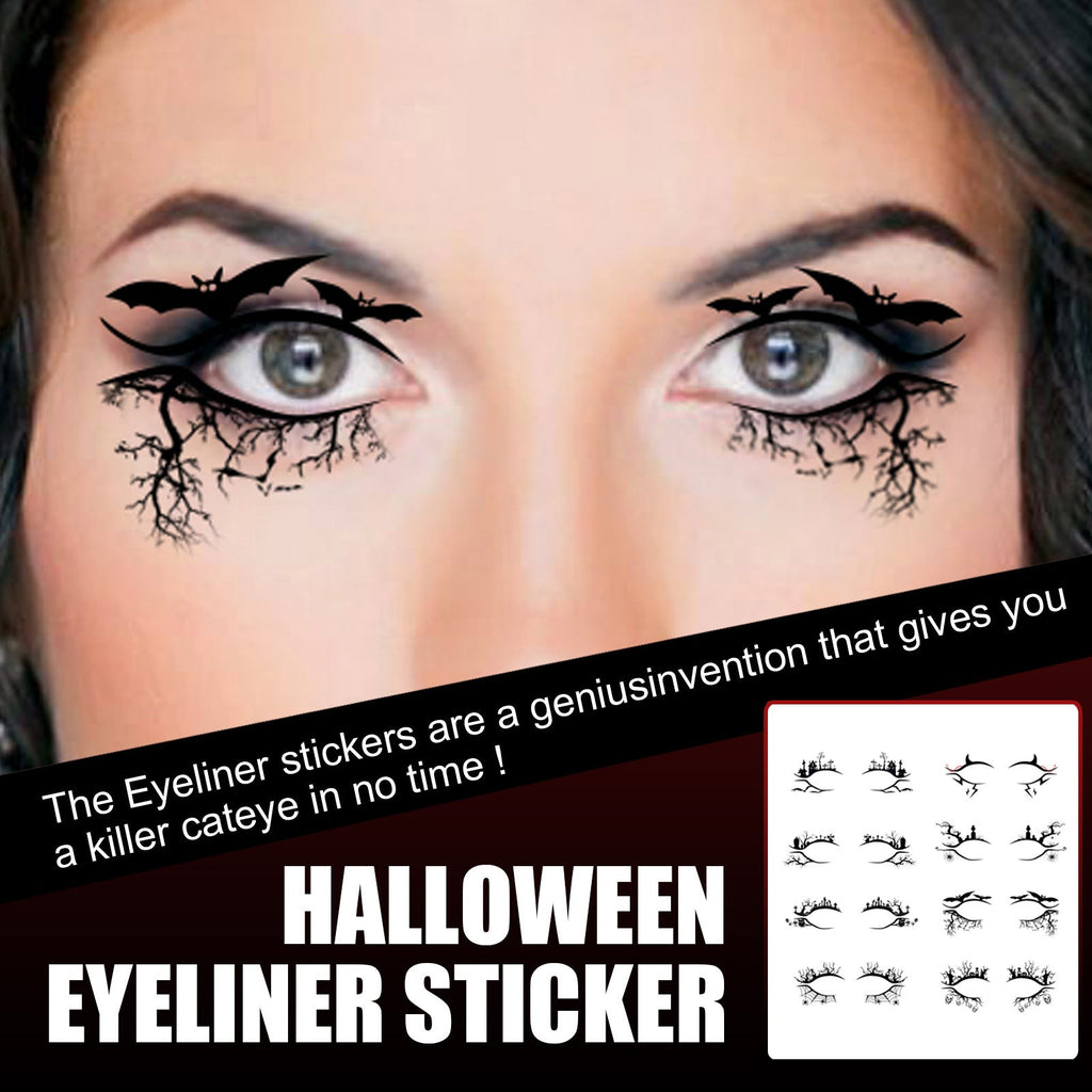 Close-up of eyes with black Halloween eyeliner stickers featuring webs and bats.