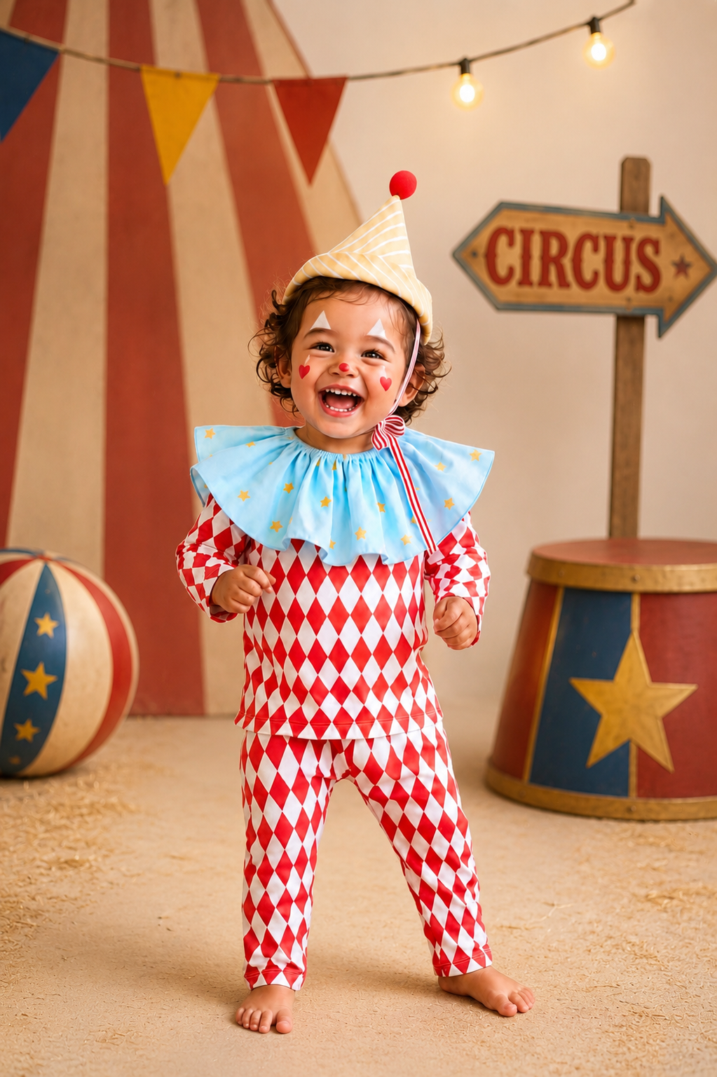 Kids clown costume: red-and-white diamond jumpsuit, light blue ruffled collar, striped hat, star wand