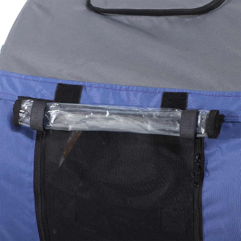 Blue and gray dog bike trailer cargo cart with transparent tube cover and black straps