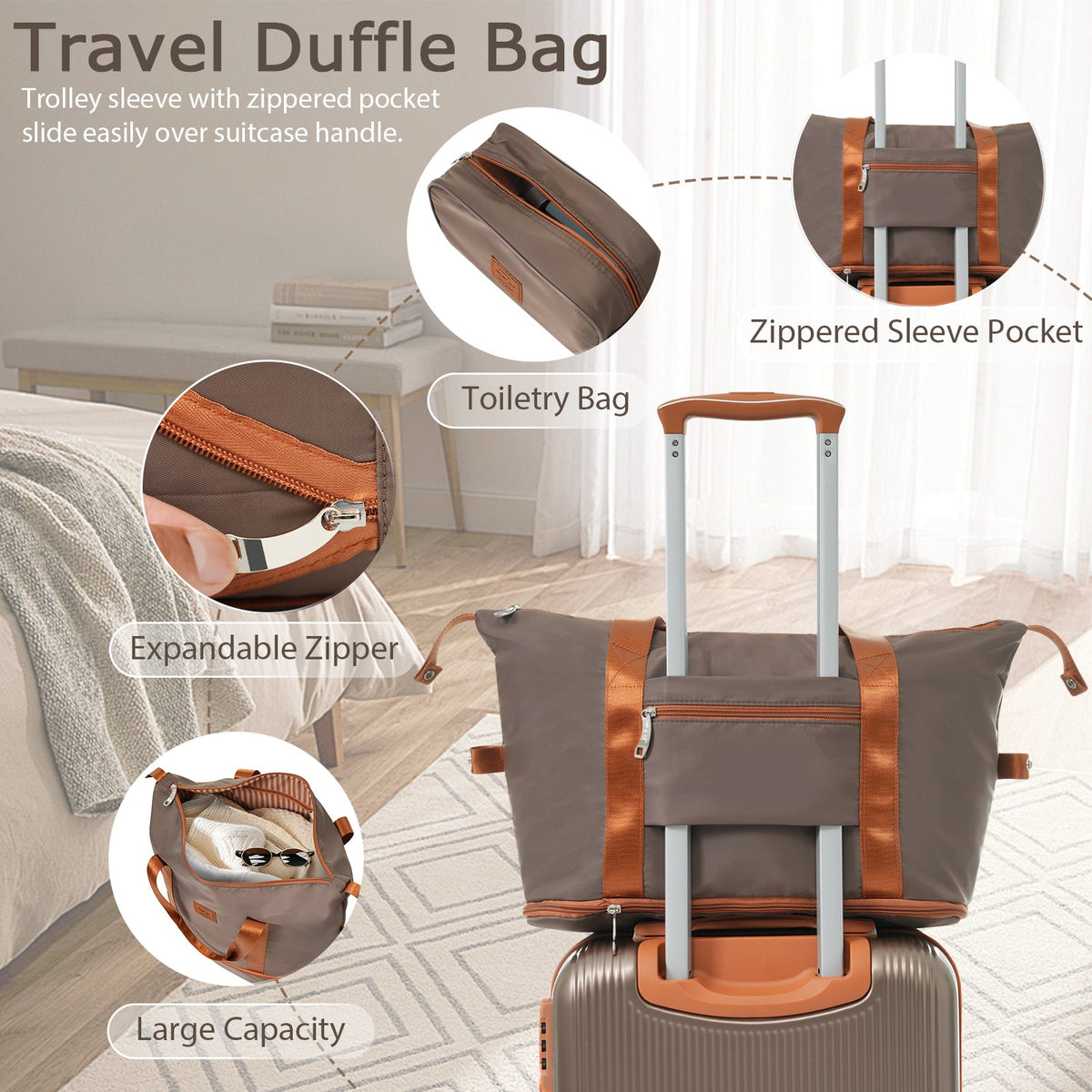 Gray travel duffle with trolley sleeve, expandable zipper, and organizer pockets
