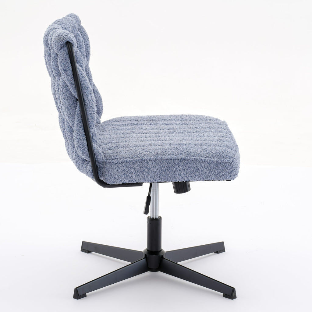 Blue armless office desk chair with curved padded seat, black pedestal and cross base