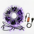 Purple LED string light roll with 300 bulbs and power plug, star-shaped bulbs