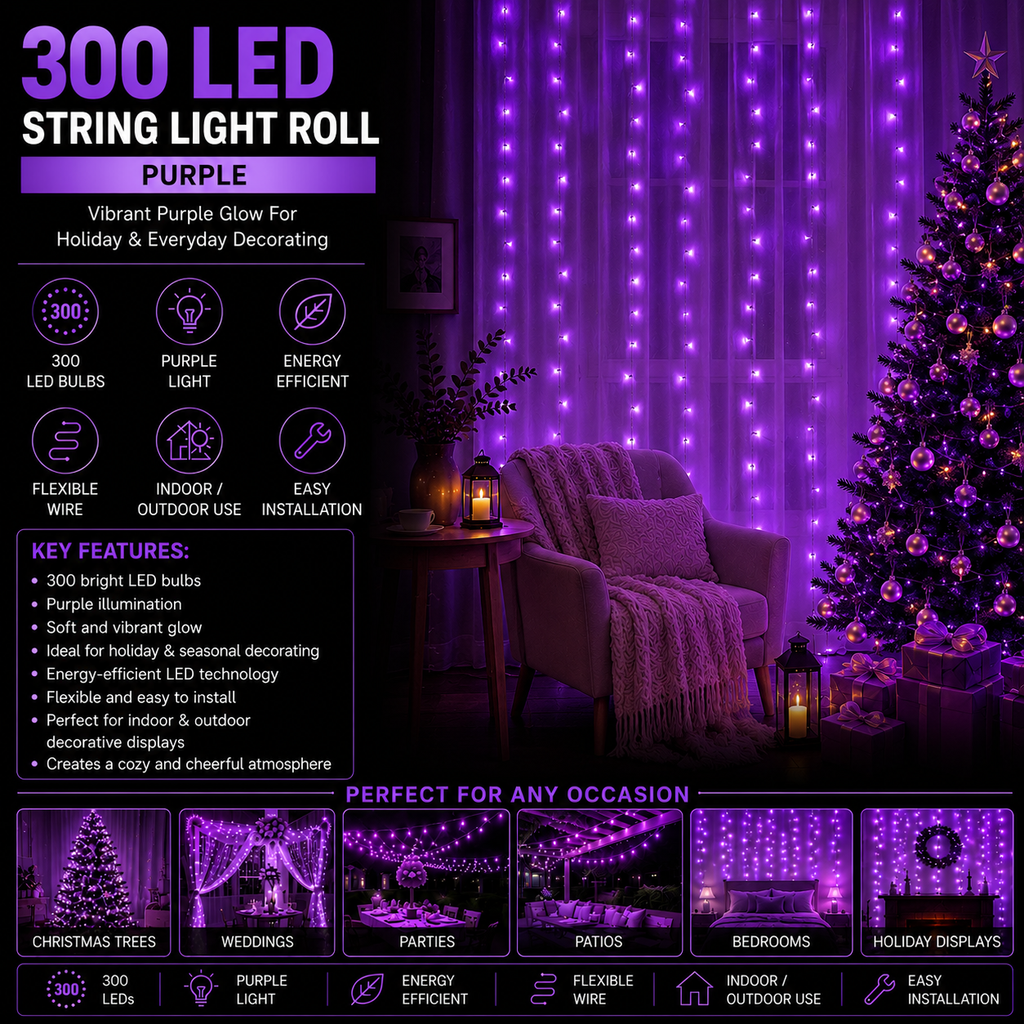 Purple 300 LED string light roll with vertical glow strands for decorating