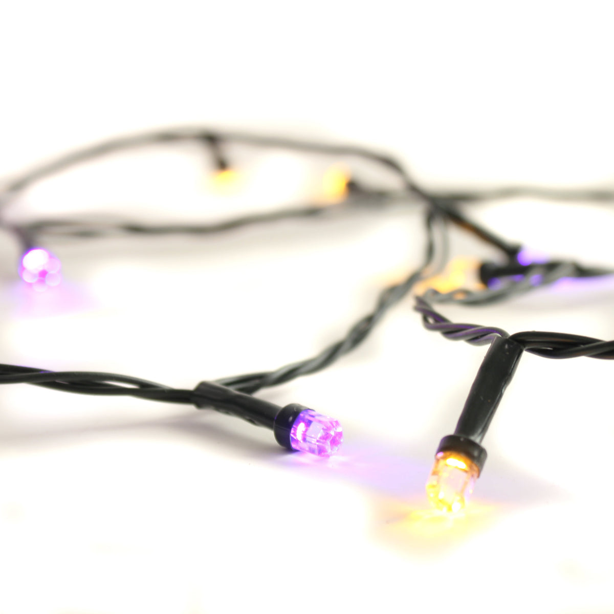 Purple and yellow LED bulbs on black wire string with power plug connector