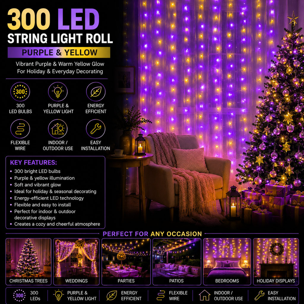 Purple and yellow LED string lights for festive indoor decorating display