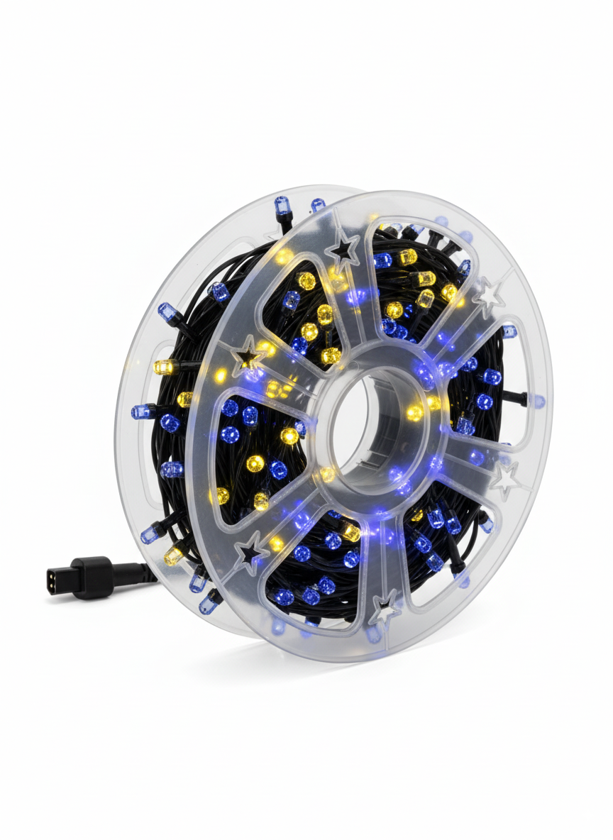 Clear reel LED string light with purple and yellow bulbs and star-shaped covers