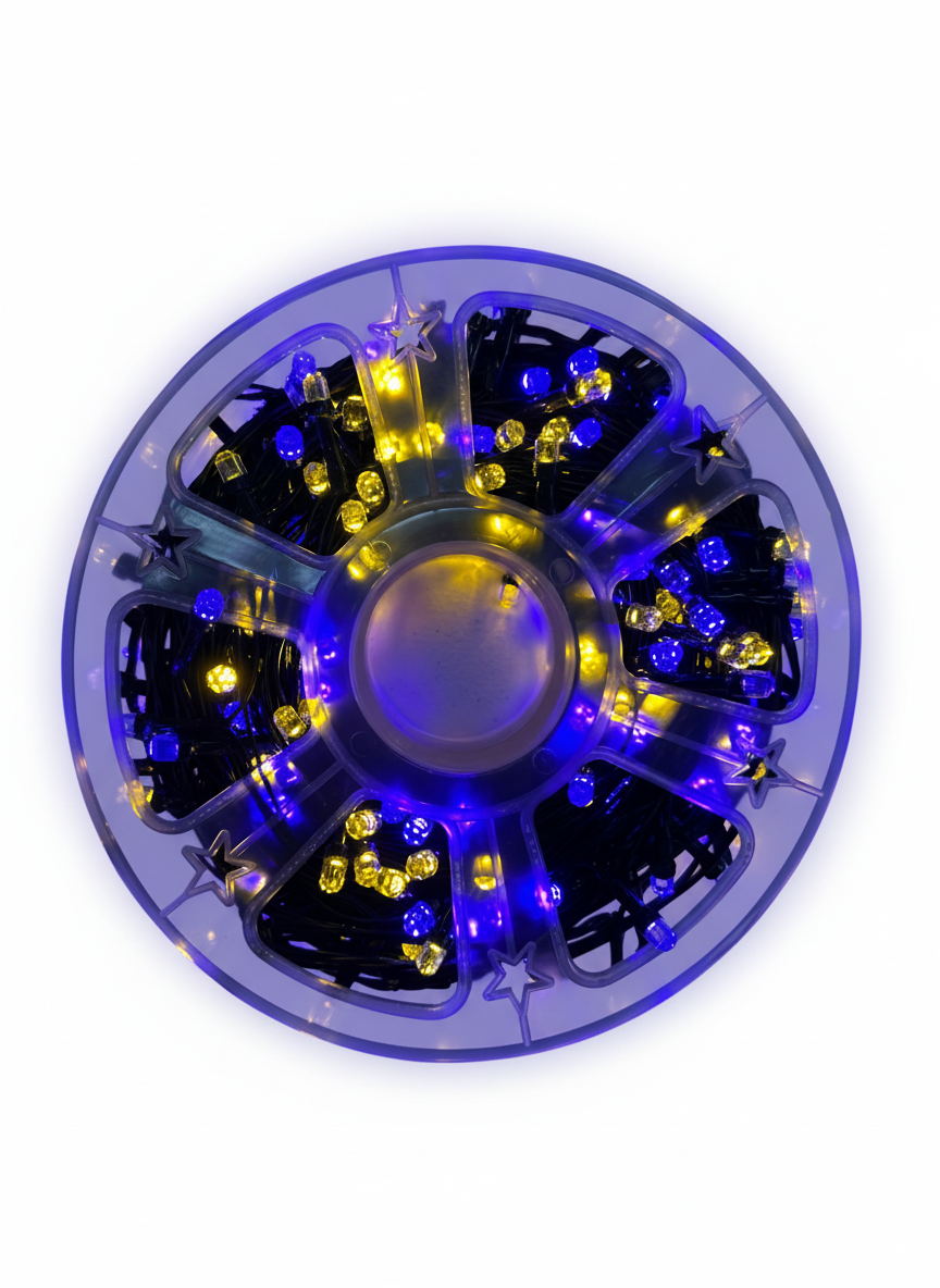 Circular LED light reel with purple, blue, and yellow bulbs plus star accents