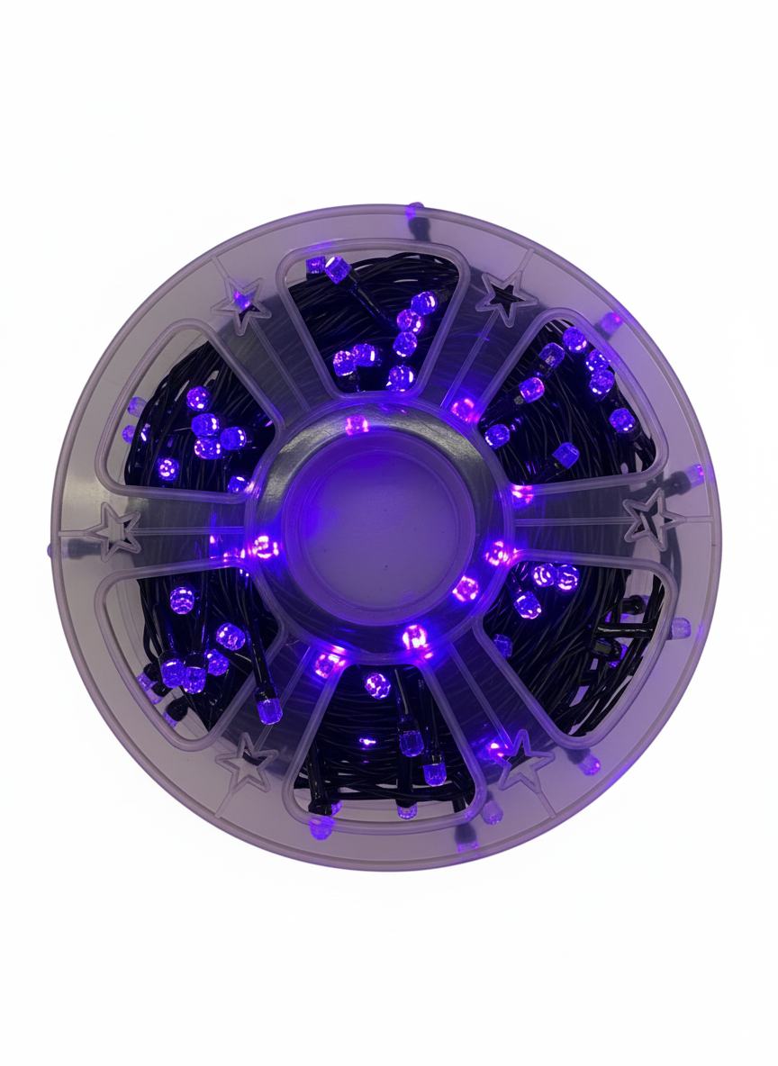 Purple LED string light roll spool with 300 purple bulbs and star accents