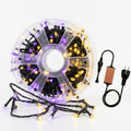 Purple and yellow LED string light roll with black wire and power adapter plug