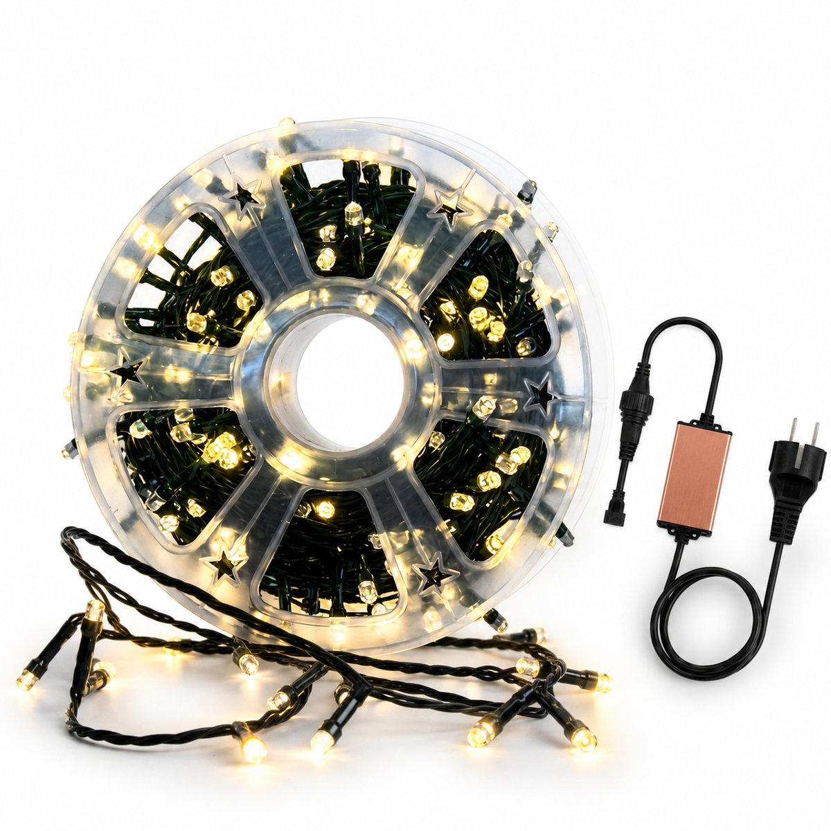 300 LED string light roll with warm white bulbs, black wire, adapter and connector