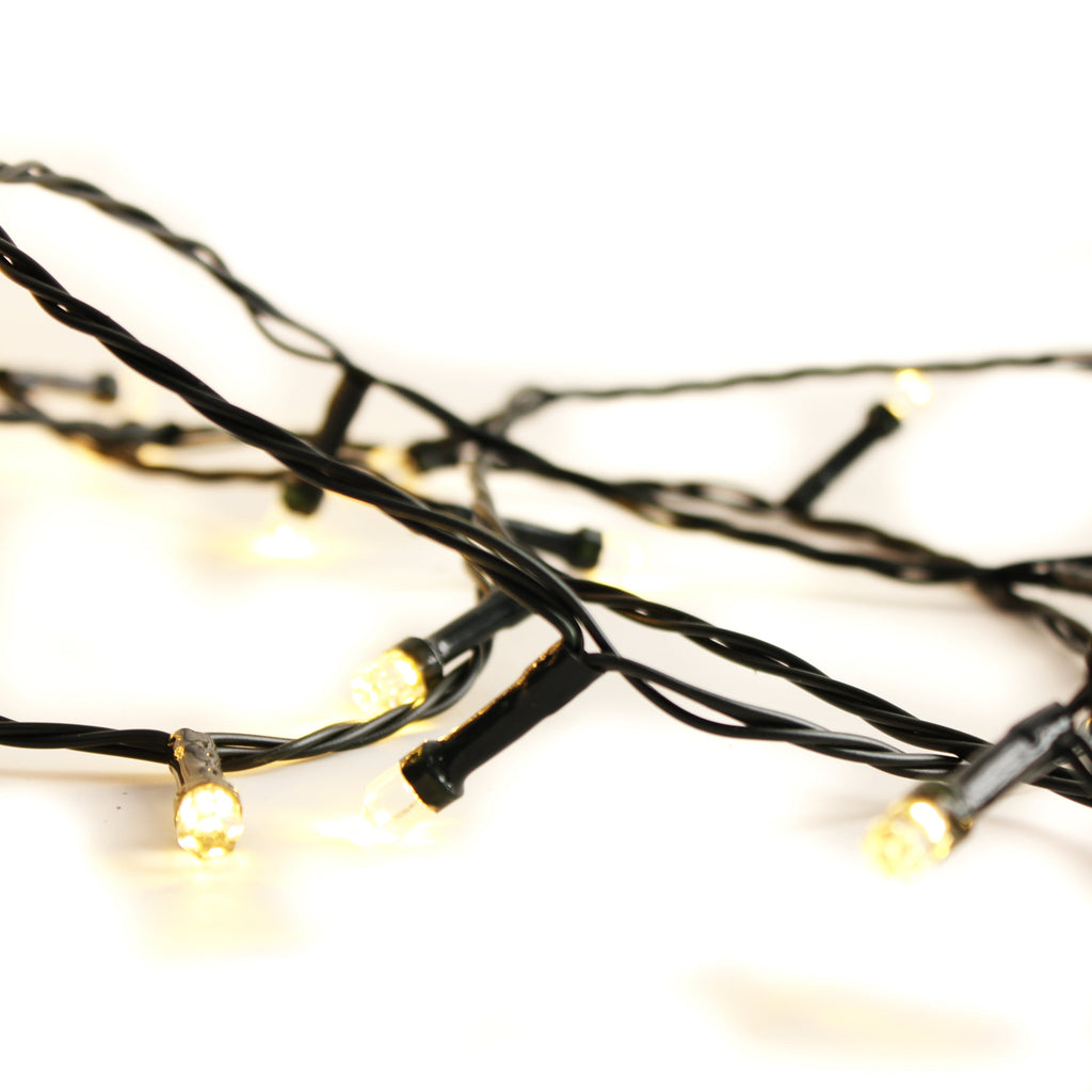 Warm white LED string lights with black twisted wire and small bulb tips