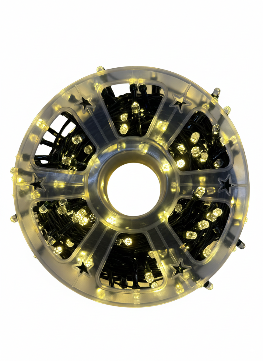300 LED string light roll with warm white bulbs on clear circular spool