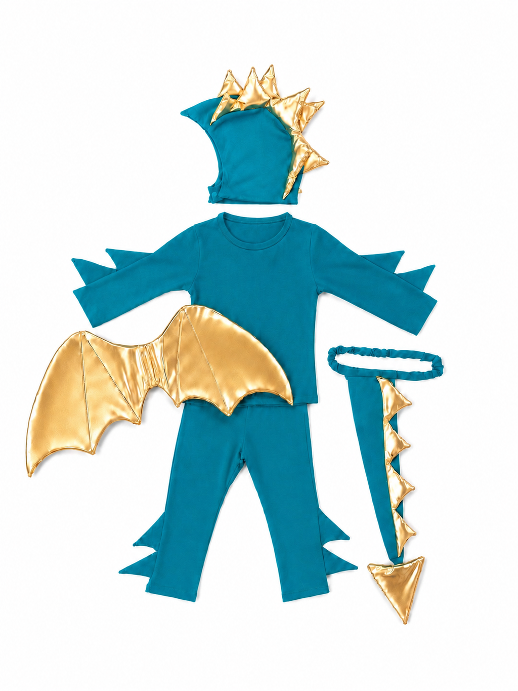 Turquoise and gold dragon costume pieces: hood, tunic, wings, and tail accessory.
