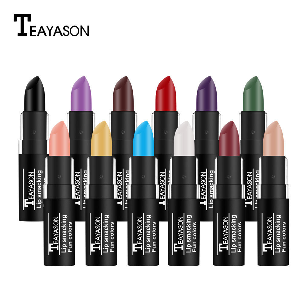 TEAYASON lipsticks display with multiple shades in black tubes