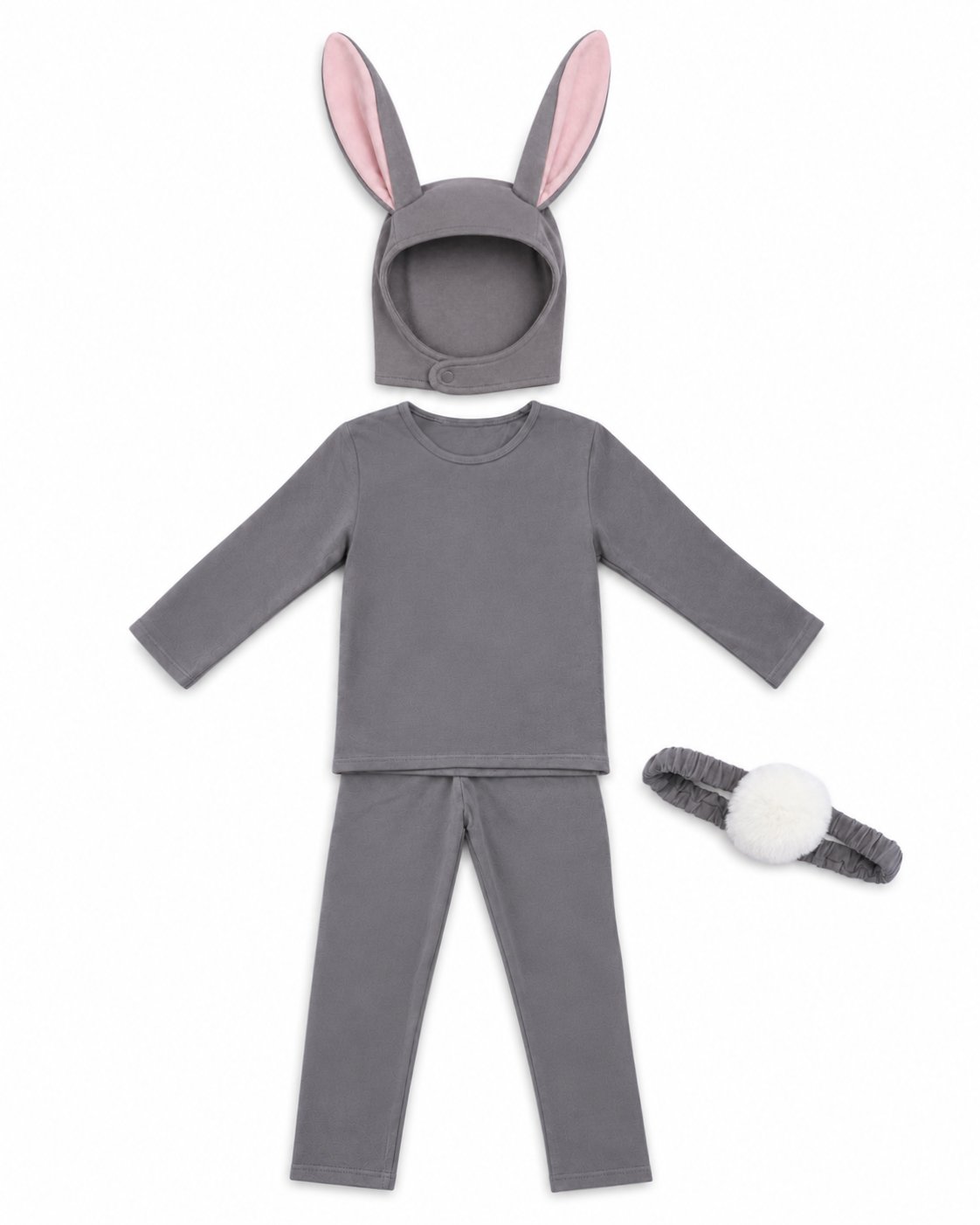 Grey bunny pajama set with hood and pink ear details, shirt and pants