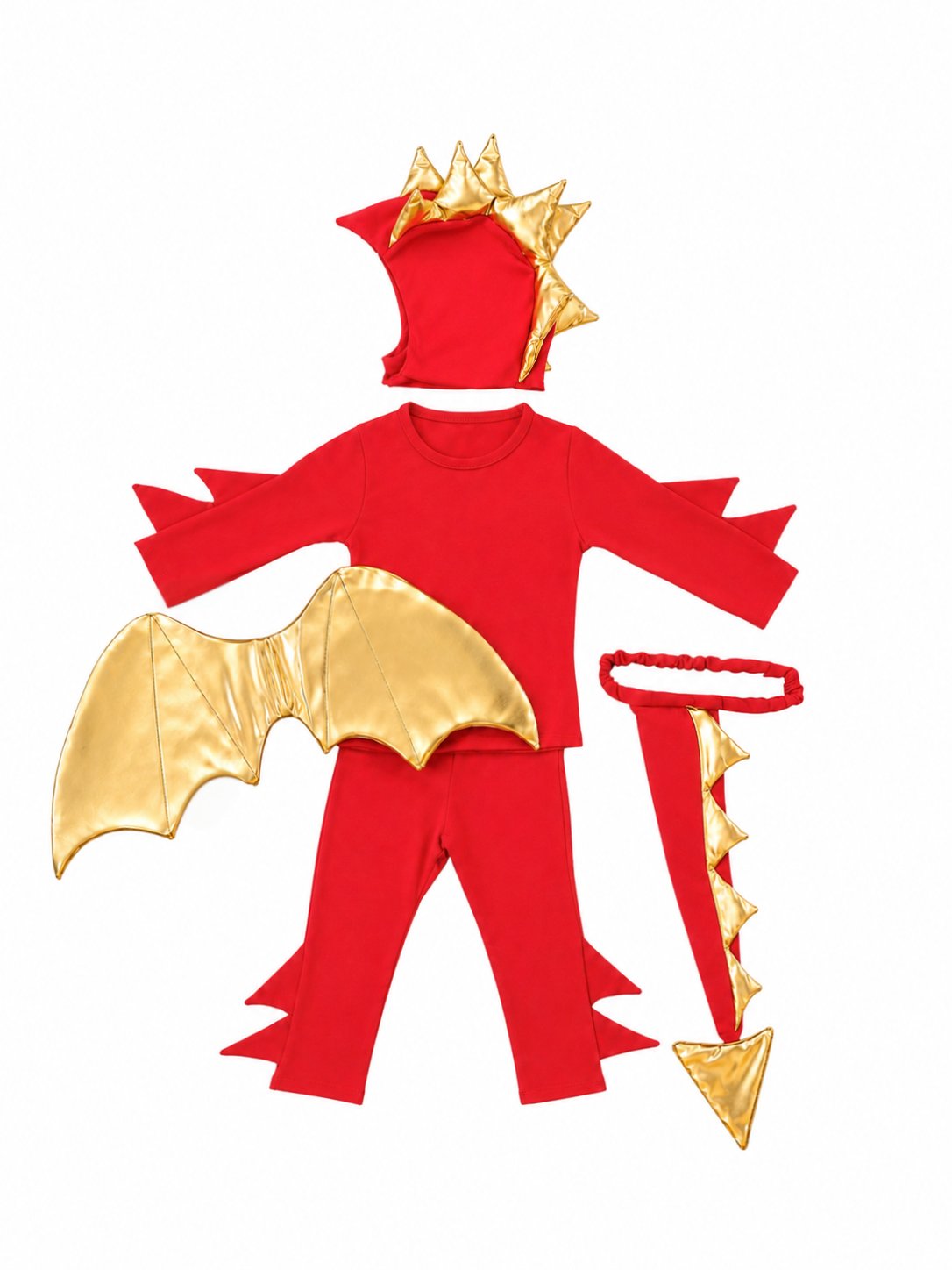 Dragon costume pieces: red hood with gold spikes, red shirt and pants, gold cape wings