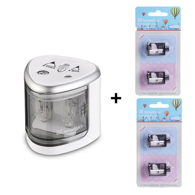 Two-hole electric pencil sharpener with gray body plus spare blade pack