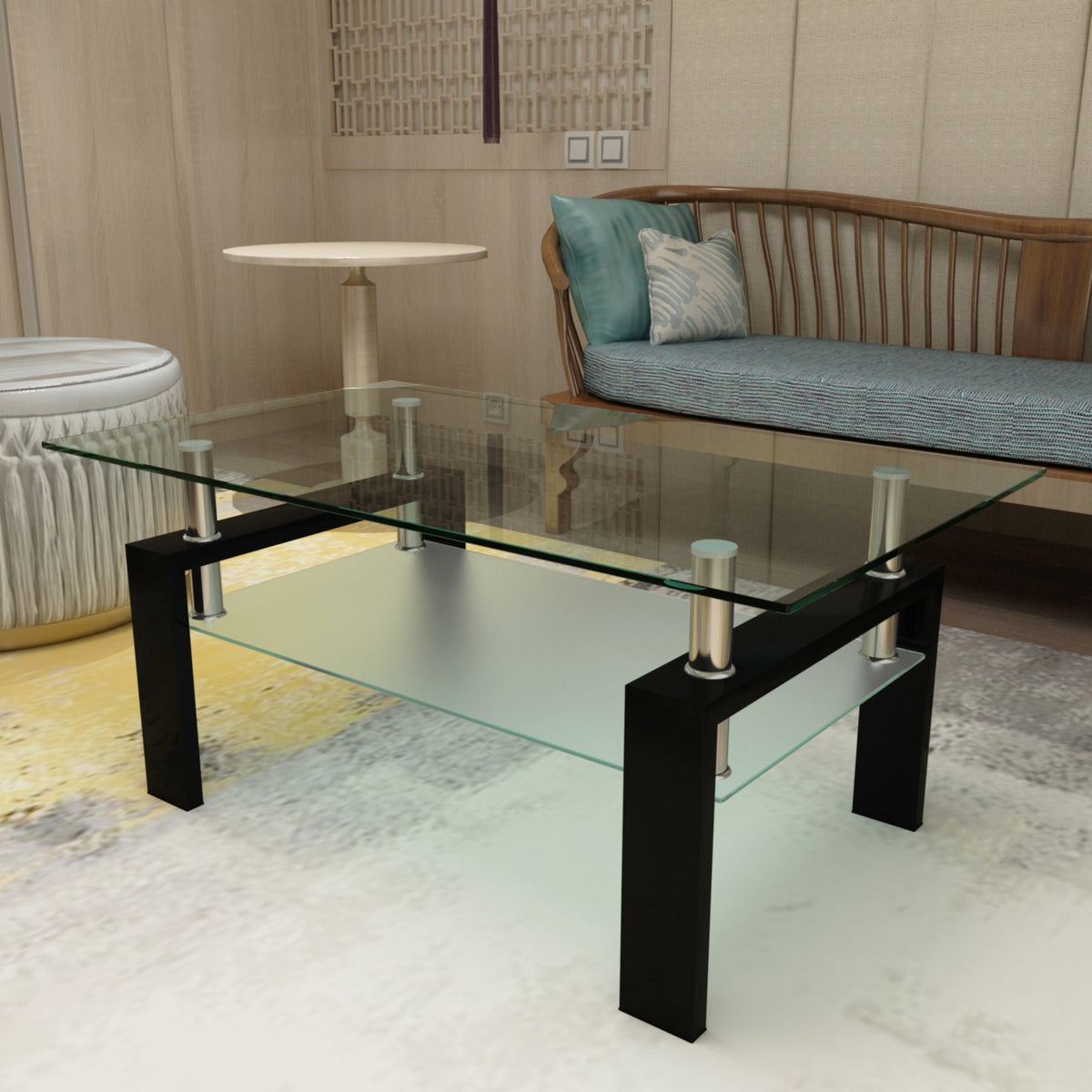 Rectangular black glass coffee table with clear top, lower shelf, and tall posts