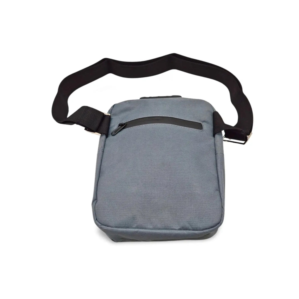 Blue-gray messenger bag with top flap and wide crossbody strap