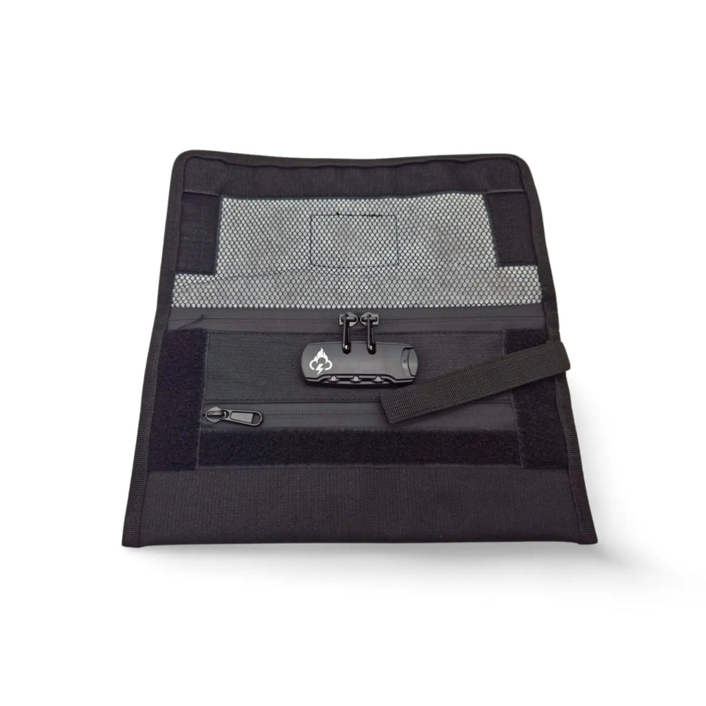Smell proof travel wallet in dark fabric with open interior, mesh panel, and latch
