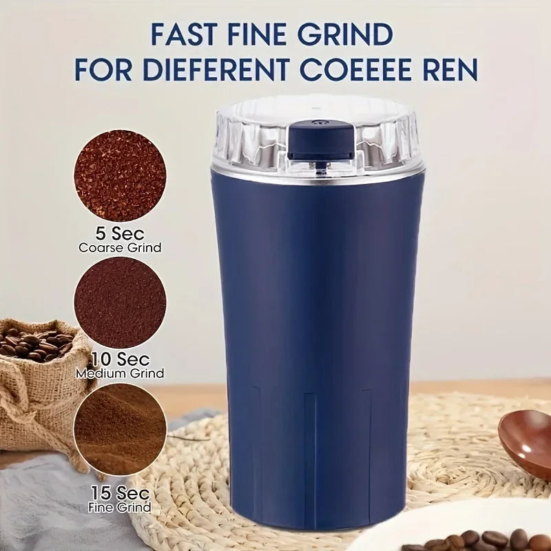 Electric blue coffee grinder with clear top lid and one-press switch, compact