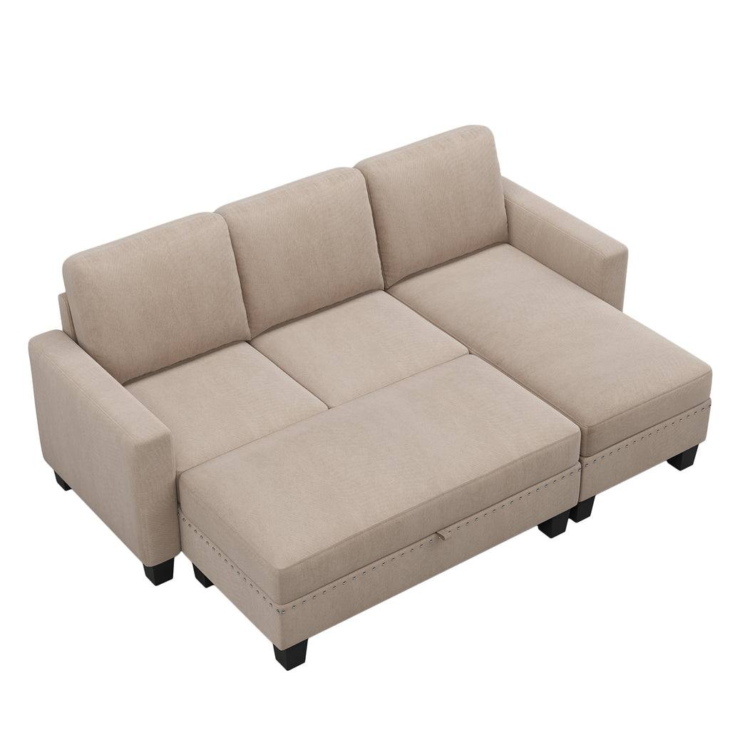Warm grey sectional sofa chaise with back cushions and stitched seat seams