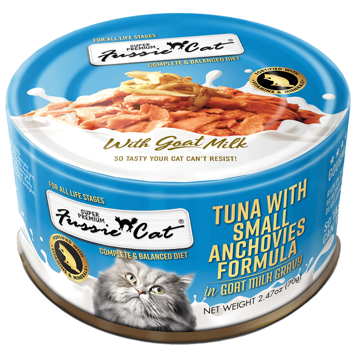 Cat food tub: tuna with small anchovies in goat-milk gravy, blue 2.47 oz container